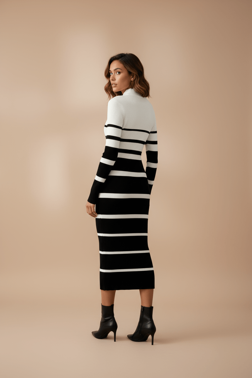 Robe Pull Rayée — Noir & Blanc (Midi) - Lune La Boutique