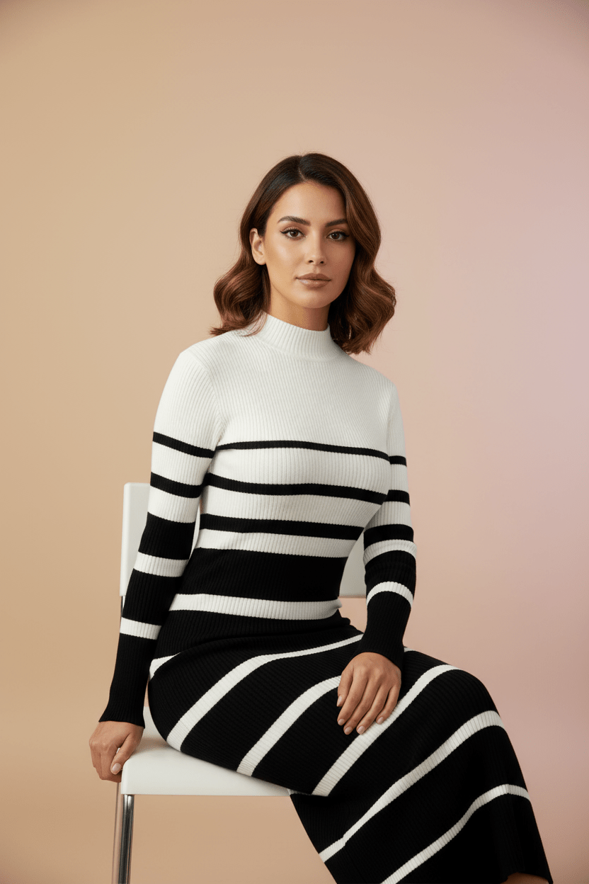 Robe Pull Rayée — Noir & Blanc (Midi) - Lune La Boutique