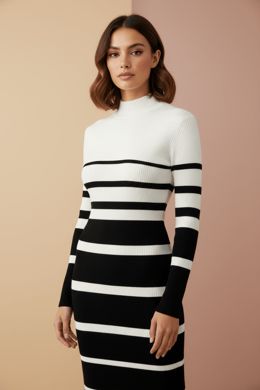 Robe Pull Rayée — Noir & Blanc (Midi) - Lune La Boutique