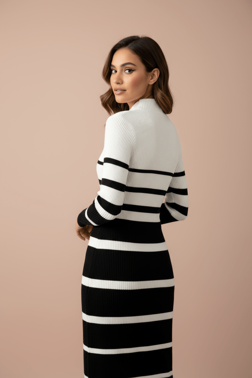 Robe Pull Rayée — Noir & Blanc (Midi) - Lune La Boutique